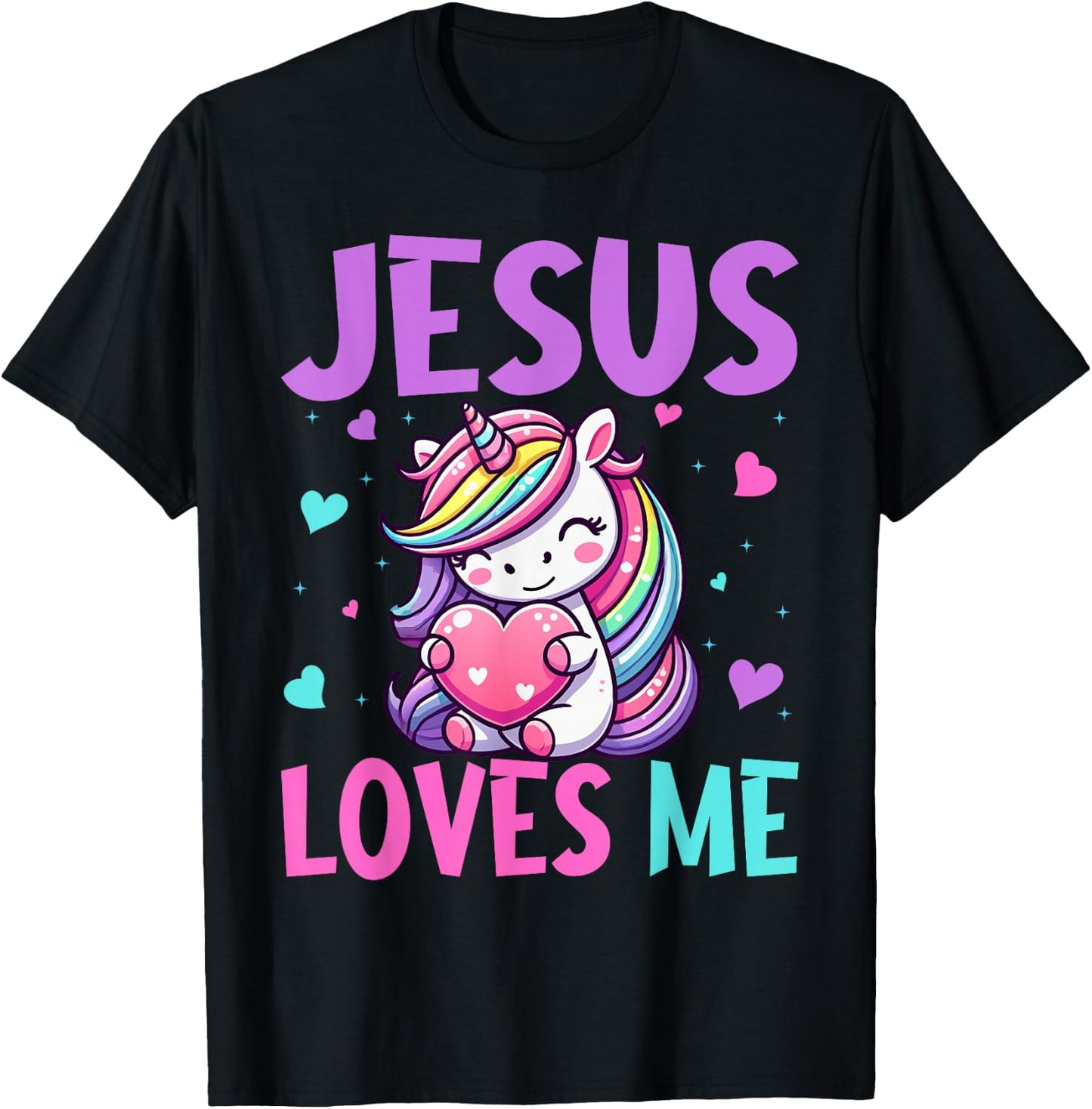 Kids Jesus Loves Me Christian Bible Girls Rainbow Unicorn T-Shirt - T-Shirt | Black