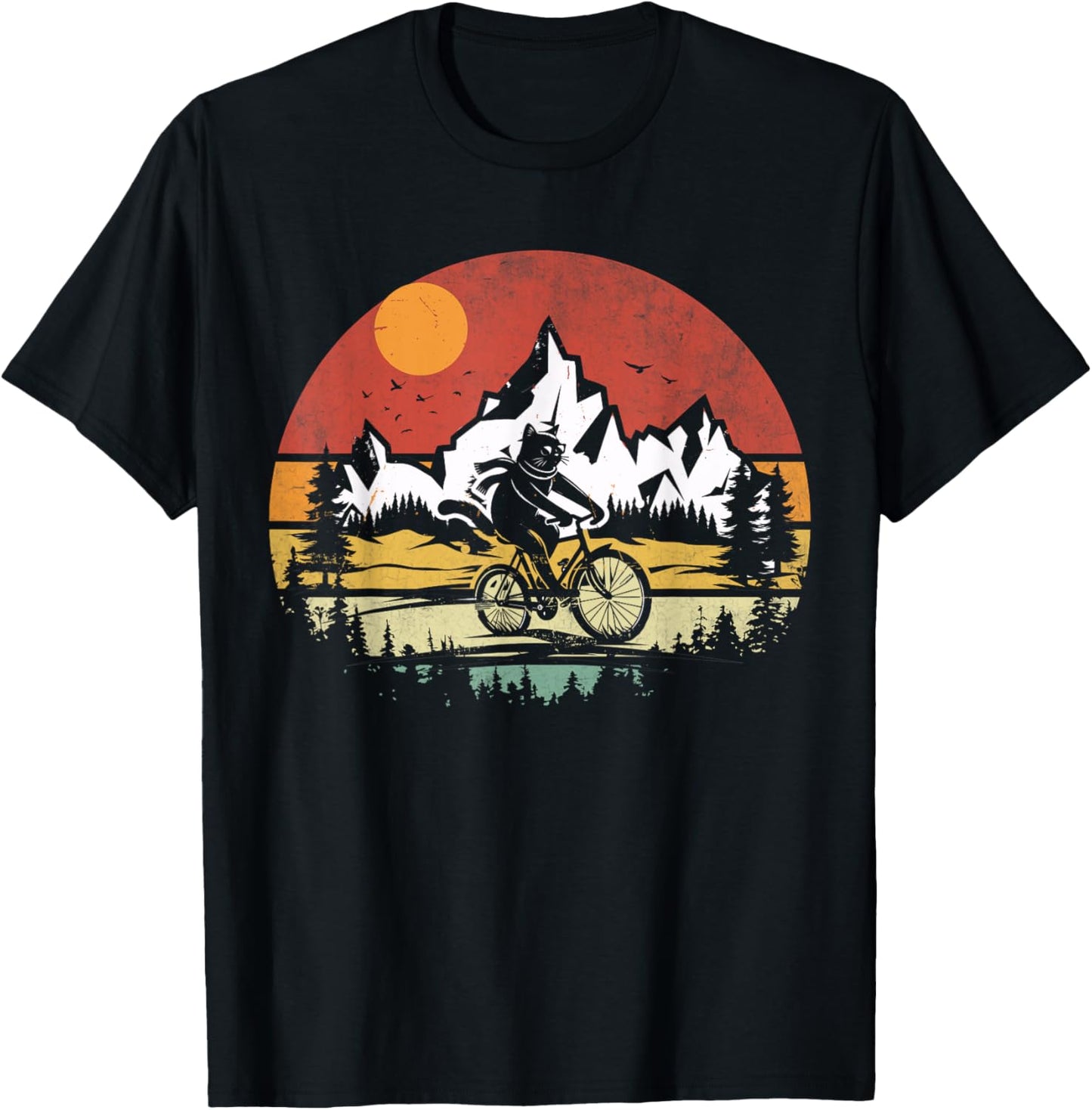 Funny Cat Riding Bicycle Vintage Mountain Biking Cat Biker T-Shirt - T-Shirt | Black