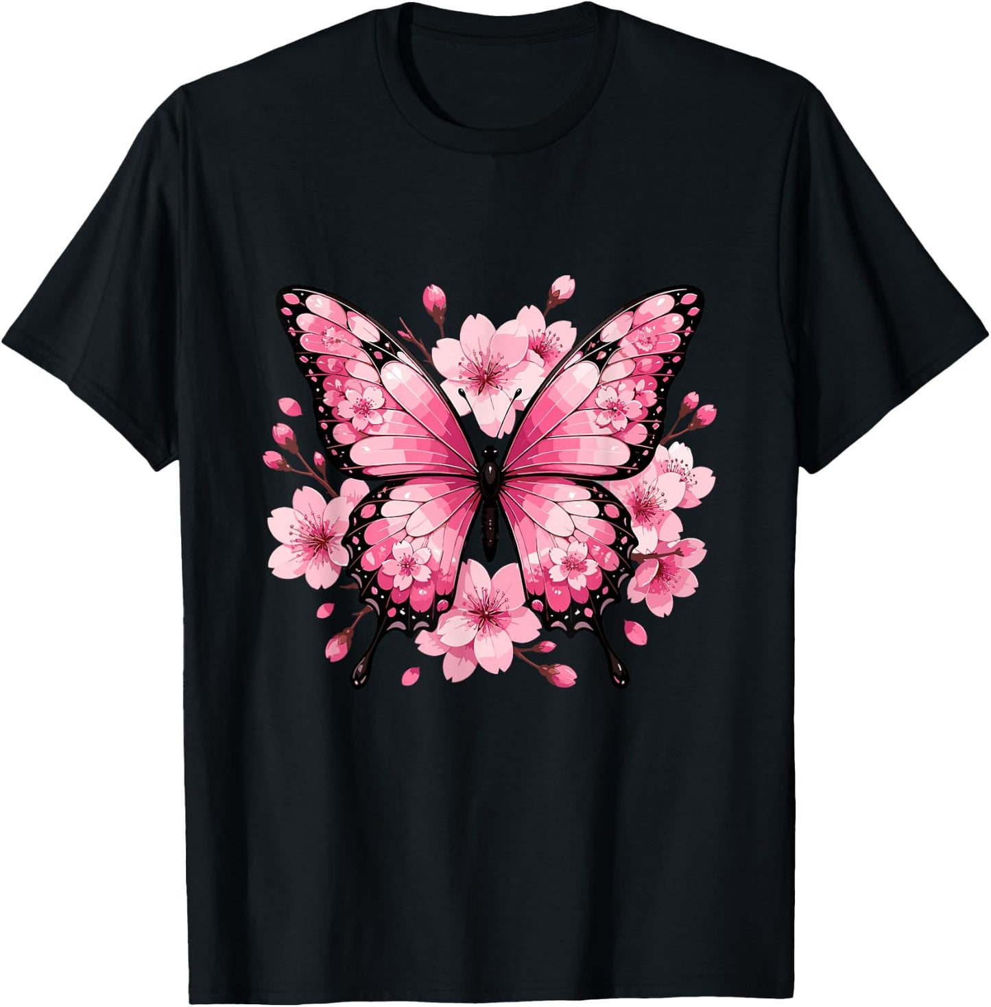 Pink Butterfly with Sakura Cherry Blossom Floral T-Shirt - T-Shirt | Black
