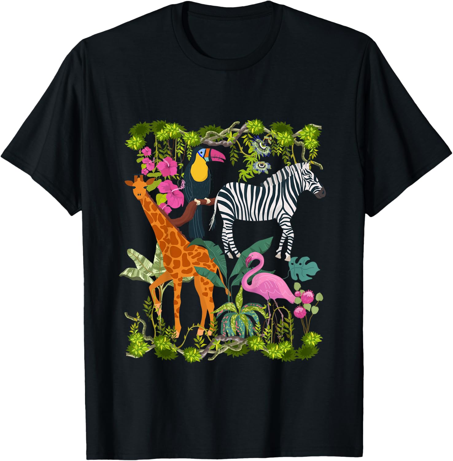 Kids Safari Animals Colourful Wildlife Jungle Zoo Giraffe Zebra T-Shirt - T-Shirt | Black