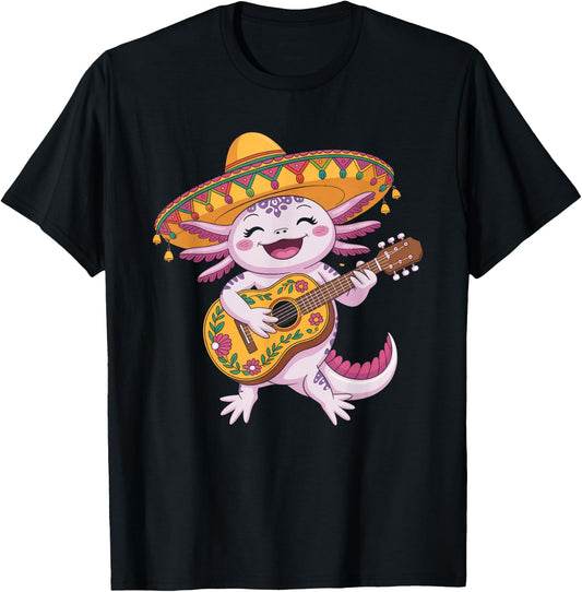 Mariachi Axolotl Fiesta Cinco De Mayo Party Sombrero Guitar T-Shirt - T-Shirt | Black
