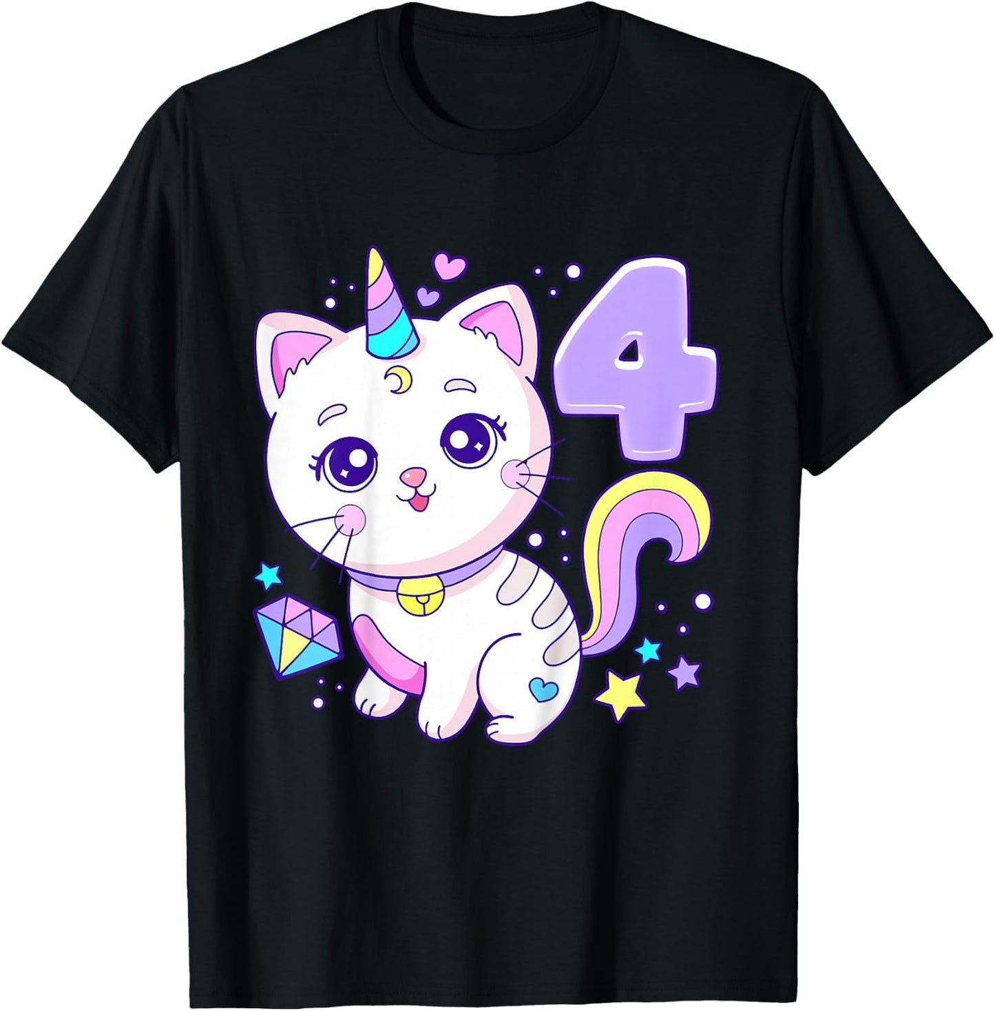 Birthday girl 4 years old, cat, unicorn, 4th birthday T-Shirt - T-Shirt | Black