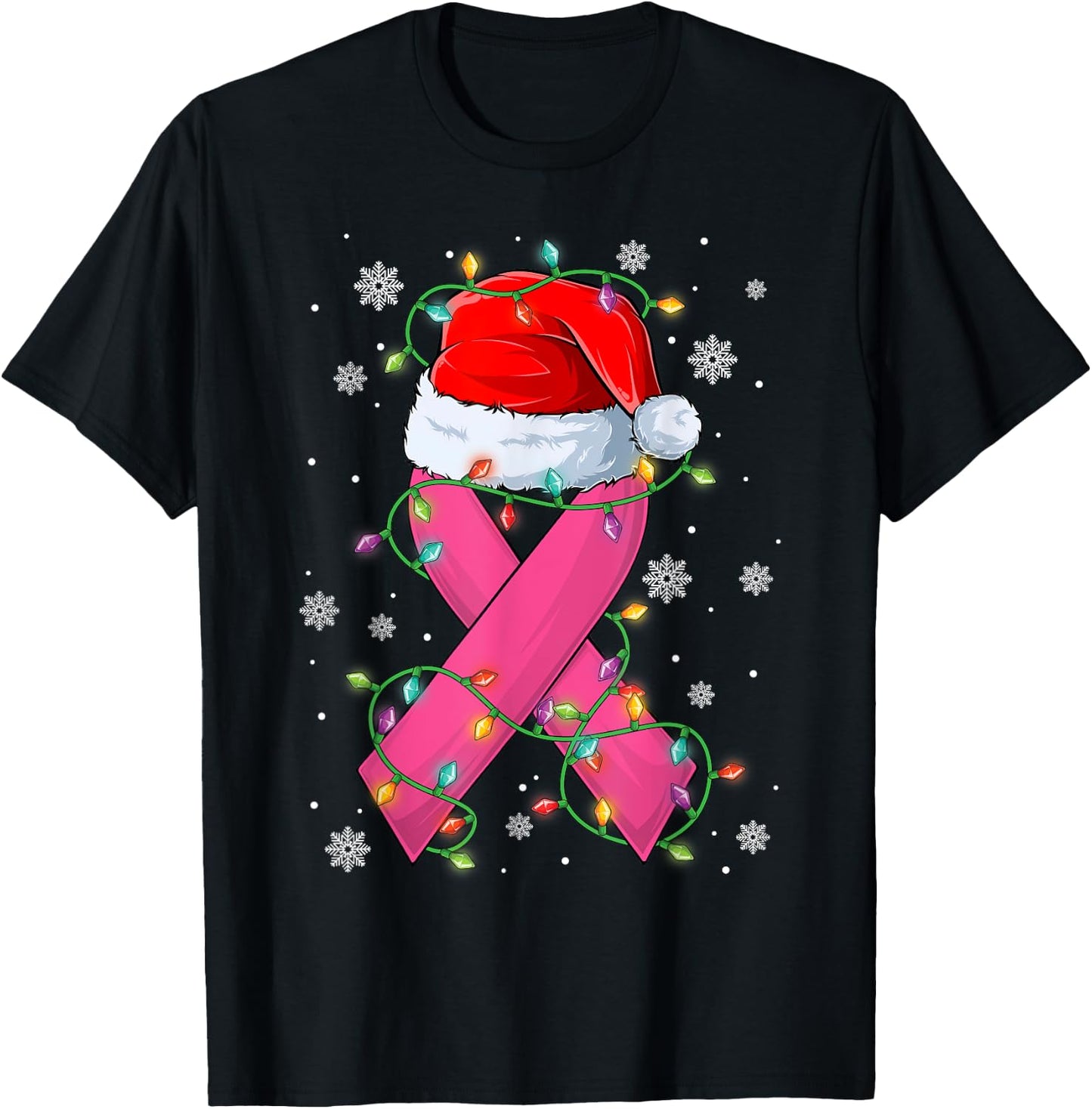 Pink Ribbon Santa Hat Christmas Tree Lights Breast Cancer T-Shirt - T-Shirt | Black