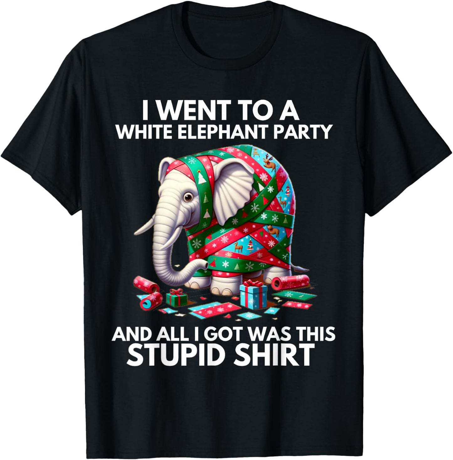 Funny White Elephant Gift Wrapped Elephant Dumb Gift T-Shirt - T-Shirt | Black