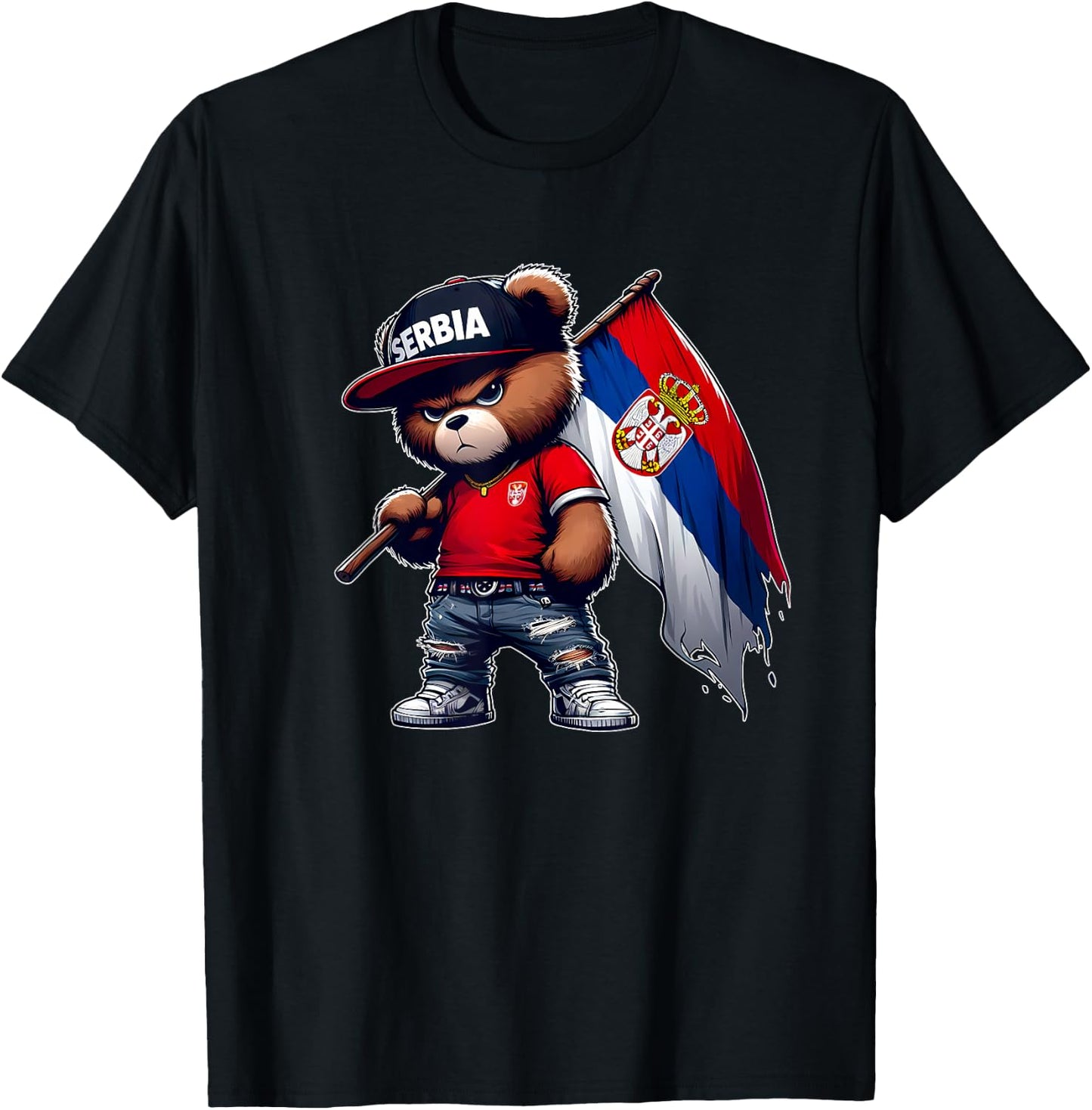 Cute Teddy Bear Serbian Flag Yugoslavia Serbia , red T-Shirt - T-Shirt | Black
