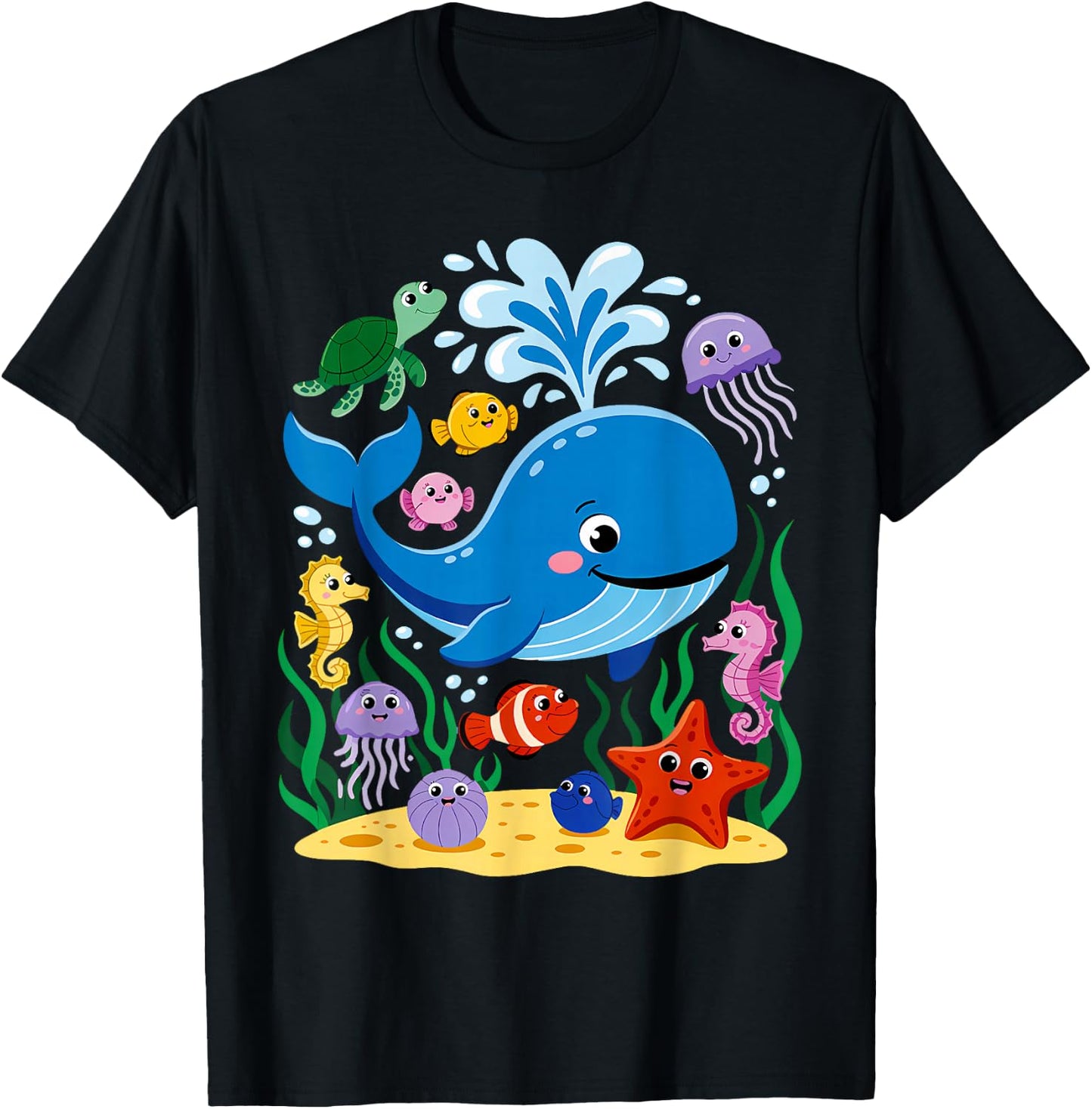 Sea Ocean Animals Whale Octopus Starfish Crab Kids Toddlers T-Shirt - T-Shirt | Black