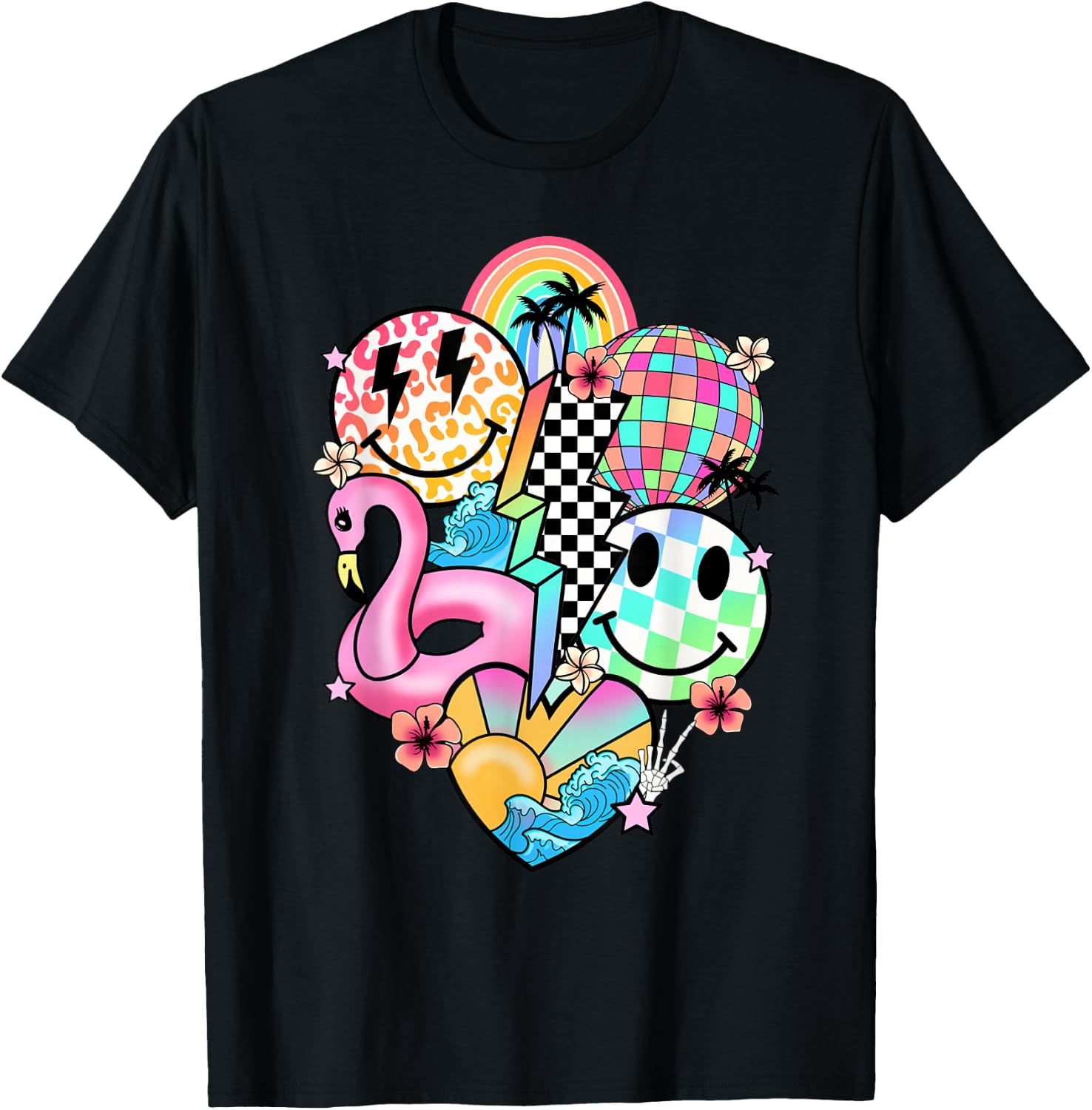 Retro Groovy Summer Vibes Smile Face Hello Summer Vacation T-Shirt - T-Shirt | Black
