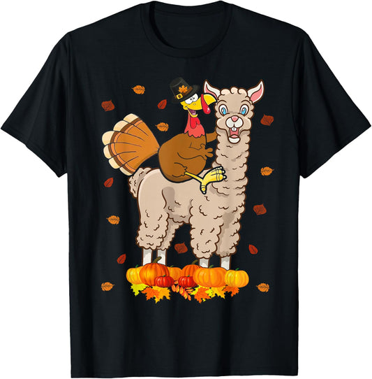 Turkey Riding Llama Cute Thanksgiving Turkey Llama Lover T-Shirt - T-Shirt | Black