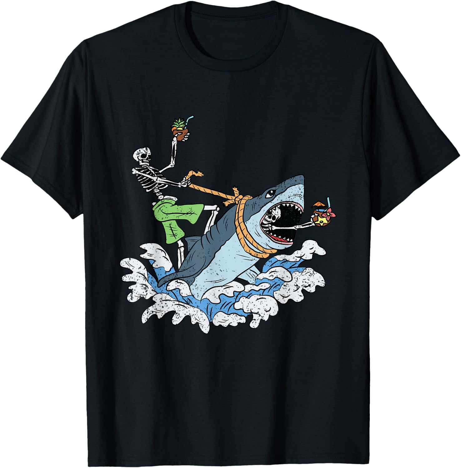 Skeleton Riding Shark Halloween Costume Bones Sea Animal T-Shirt - T-Shirt | Black