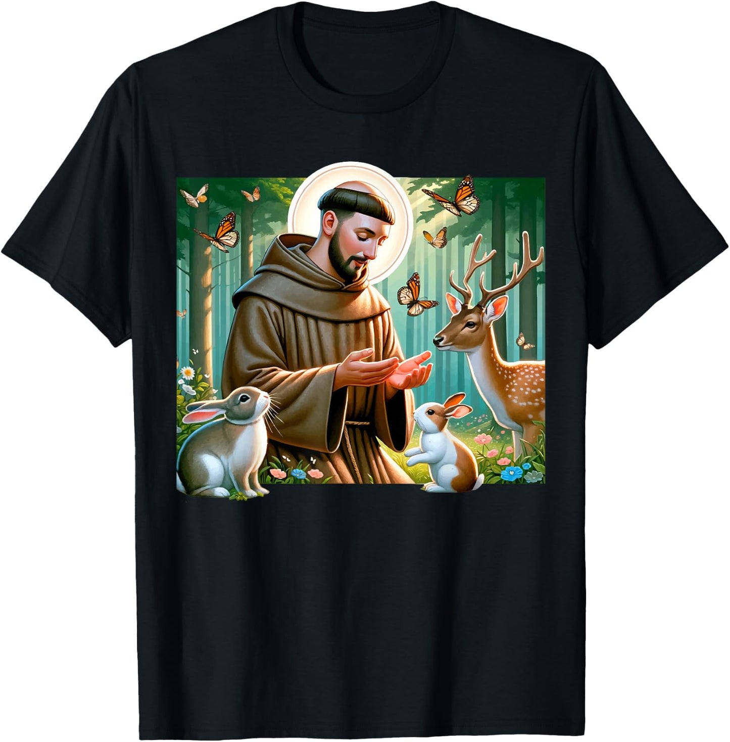 St Francis of Assisi Patron Saint of Animals Forest Catholic T-Shirt - T-Shirt | Black