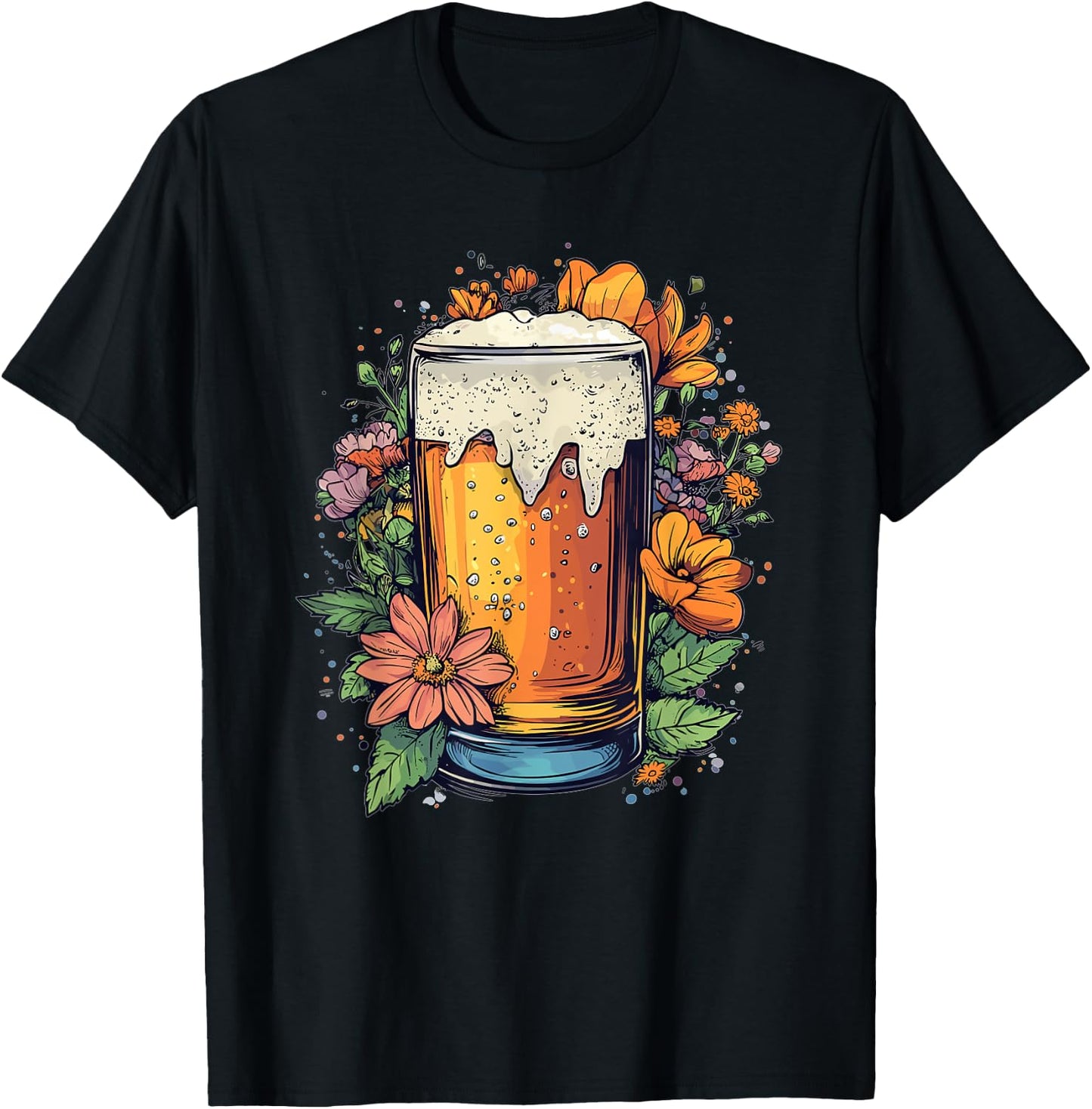 Floral Beer Glass With Blossoming Flowers T-Shirt - T-Shirt | Black