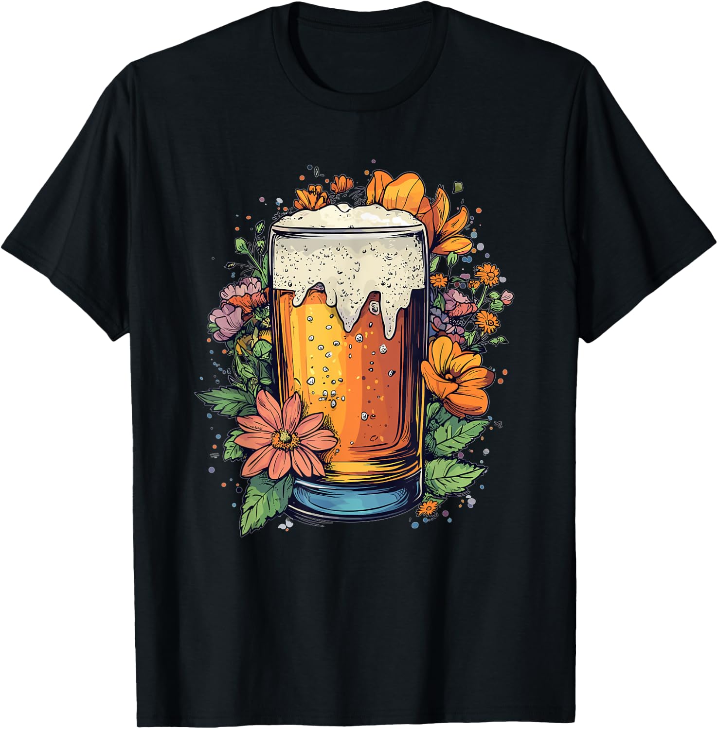 Floral Beer Glass With Blossoming Flowers T-Shirt - T-Shirt | Black