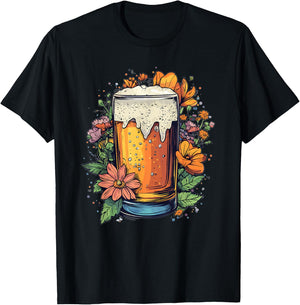 Floral Beer Glass With Blossoming Flowers T-Shirt - T-Shirt | Black