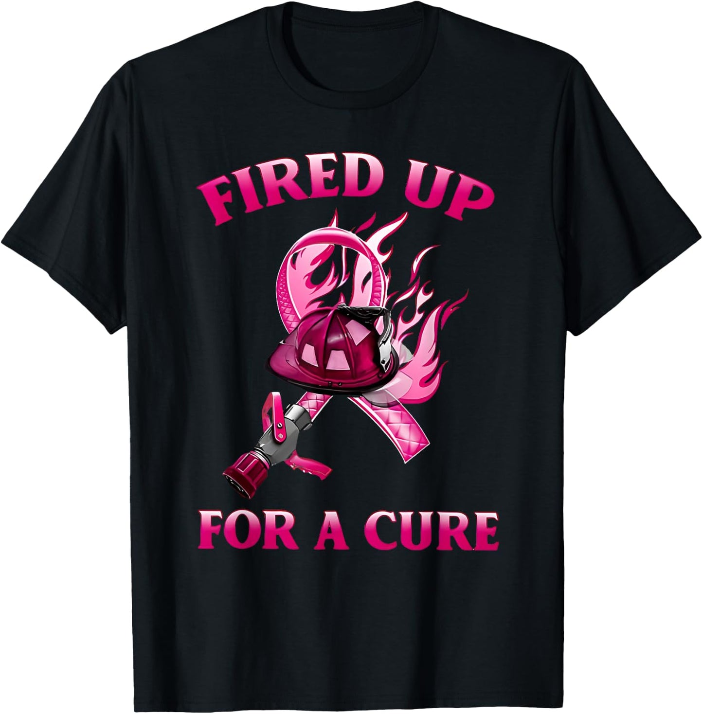 Breast Cancer Fired Up for a Cure Cute Pink Ribbon Fireman T-Shirt - T-Shirt | Black