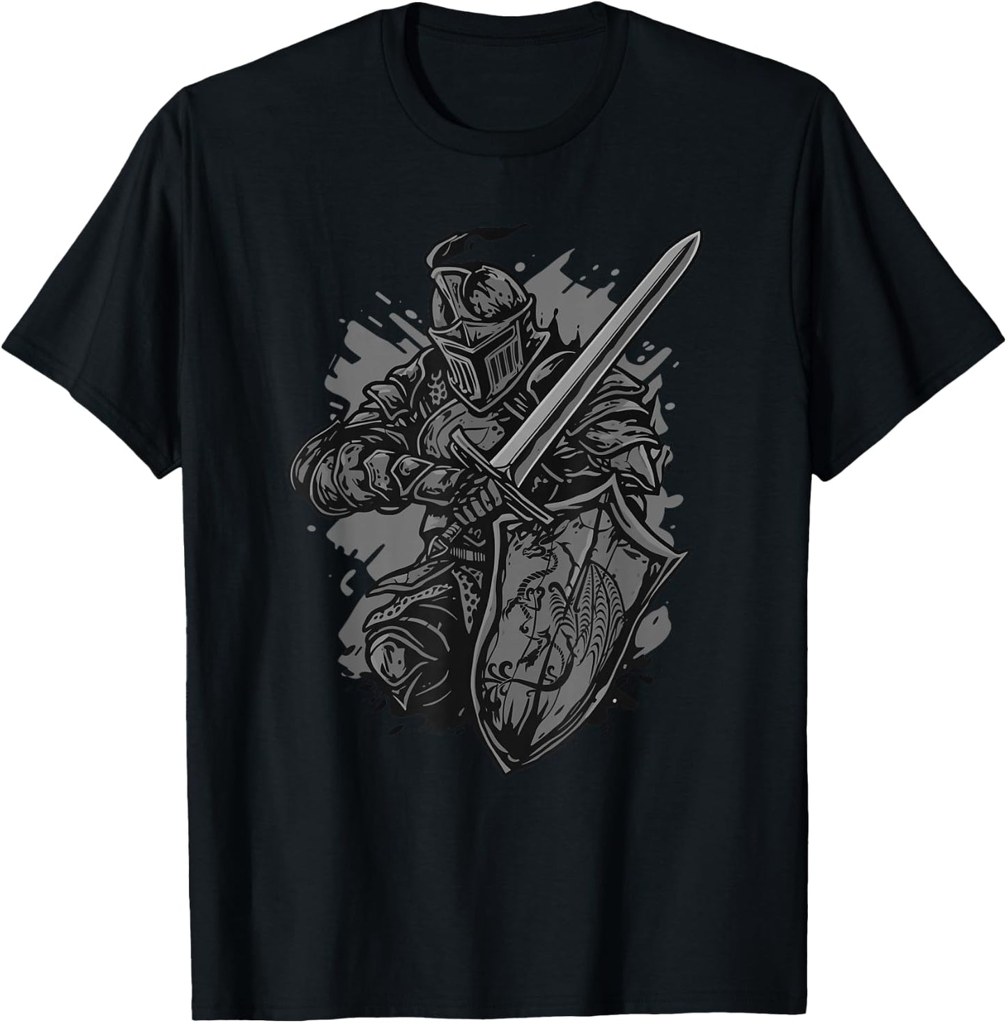 Medieval Knight Armor Sword Shield Dragon Vintage Graphic T-Shirt - T-Shirt | Black