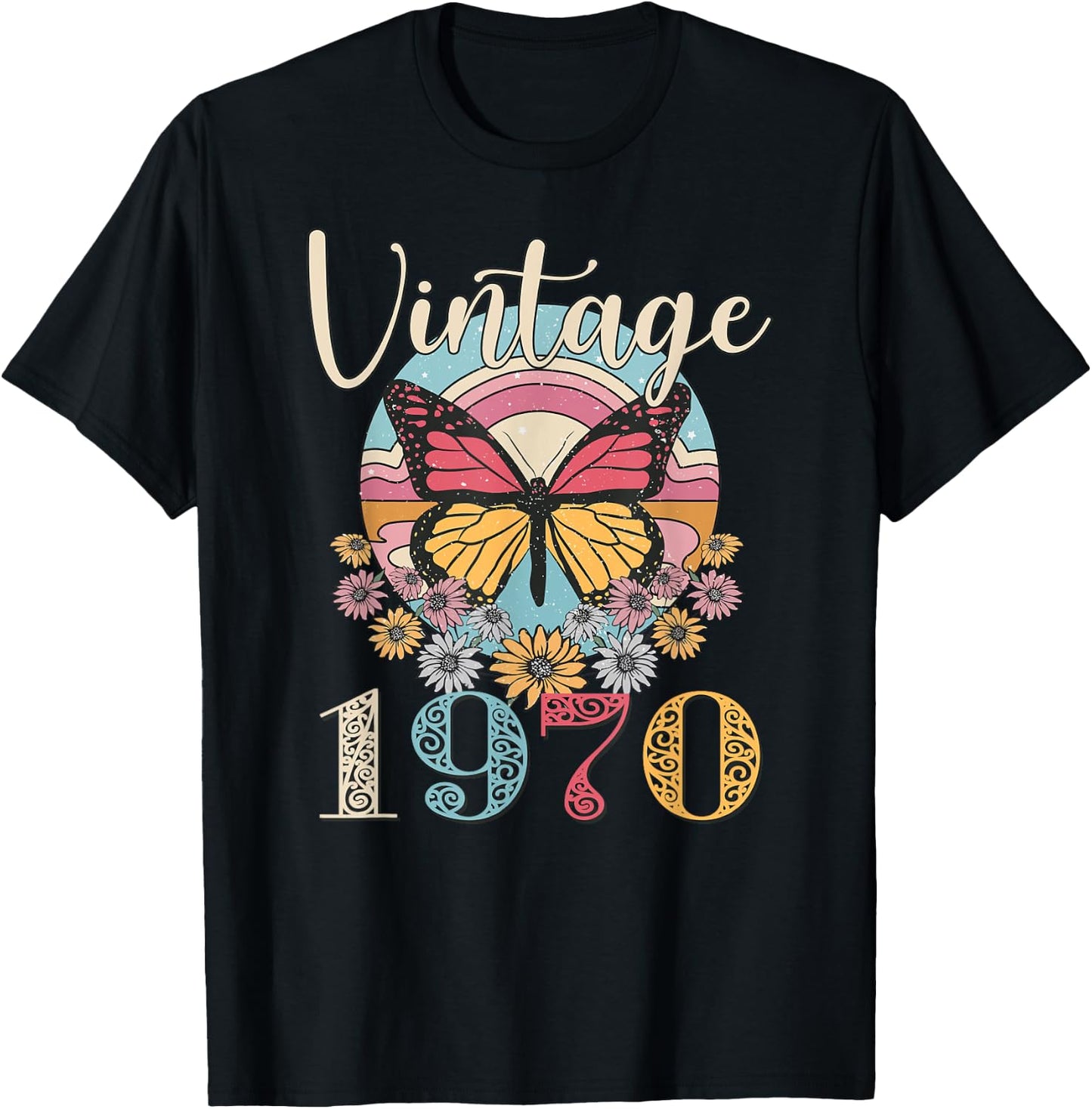 Vintage 52th 1970 Butterfly Floral Birthday Women Mom Gifts T-Shirt - T-Shirt | Black