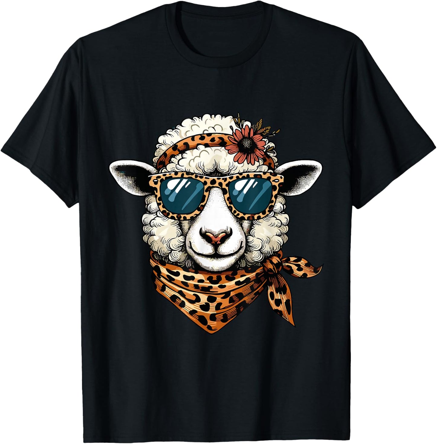 Lamb Sheep Wearing Leopard Scarf Animal Sunglasses T-Shirt - T-Shirt | Black