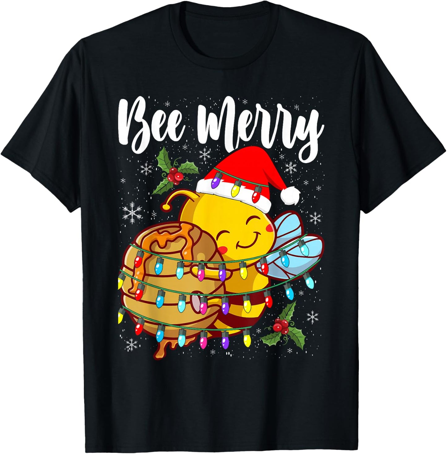 Bee Wears Santa Hat Xmas Lights T-Shirt - T-Shirt | Black