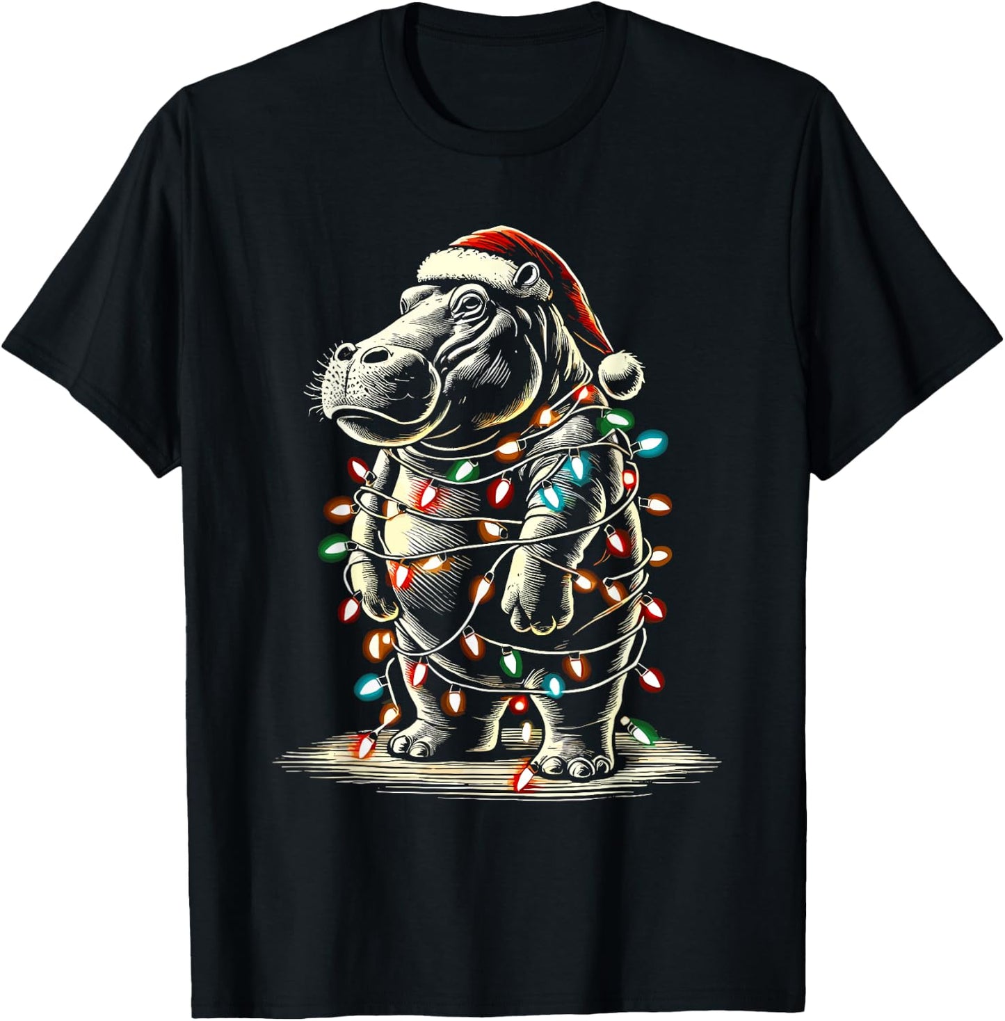 Hippopotamus Christmas Santa Hat Pajama Funny Hippo Xmas T-Shirt - T-Shirt | Black