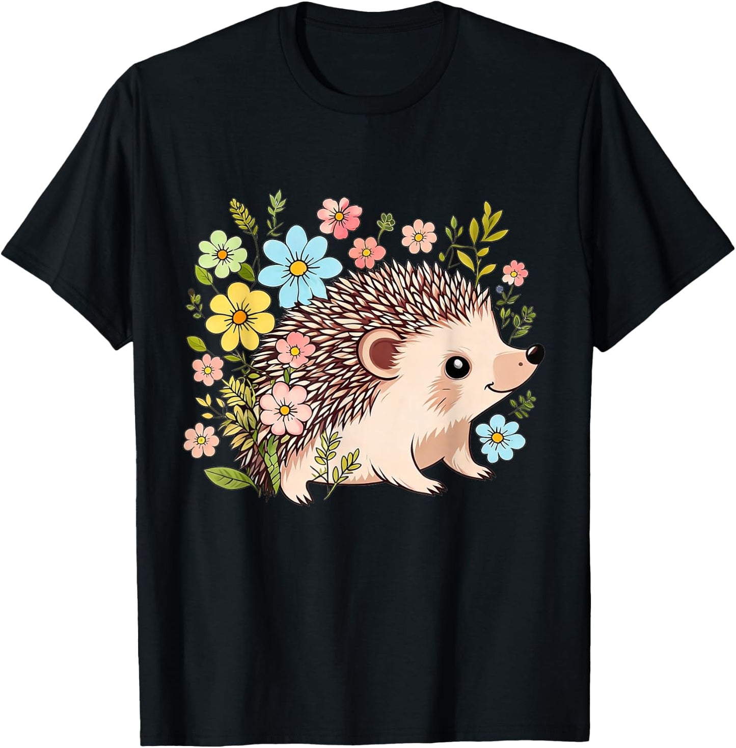 Cute Hedgehog with Flower Funny Animal Lovers Girls Women T-Shirt - T-Shirt | Black