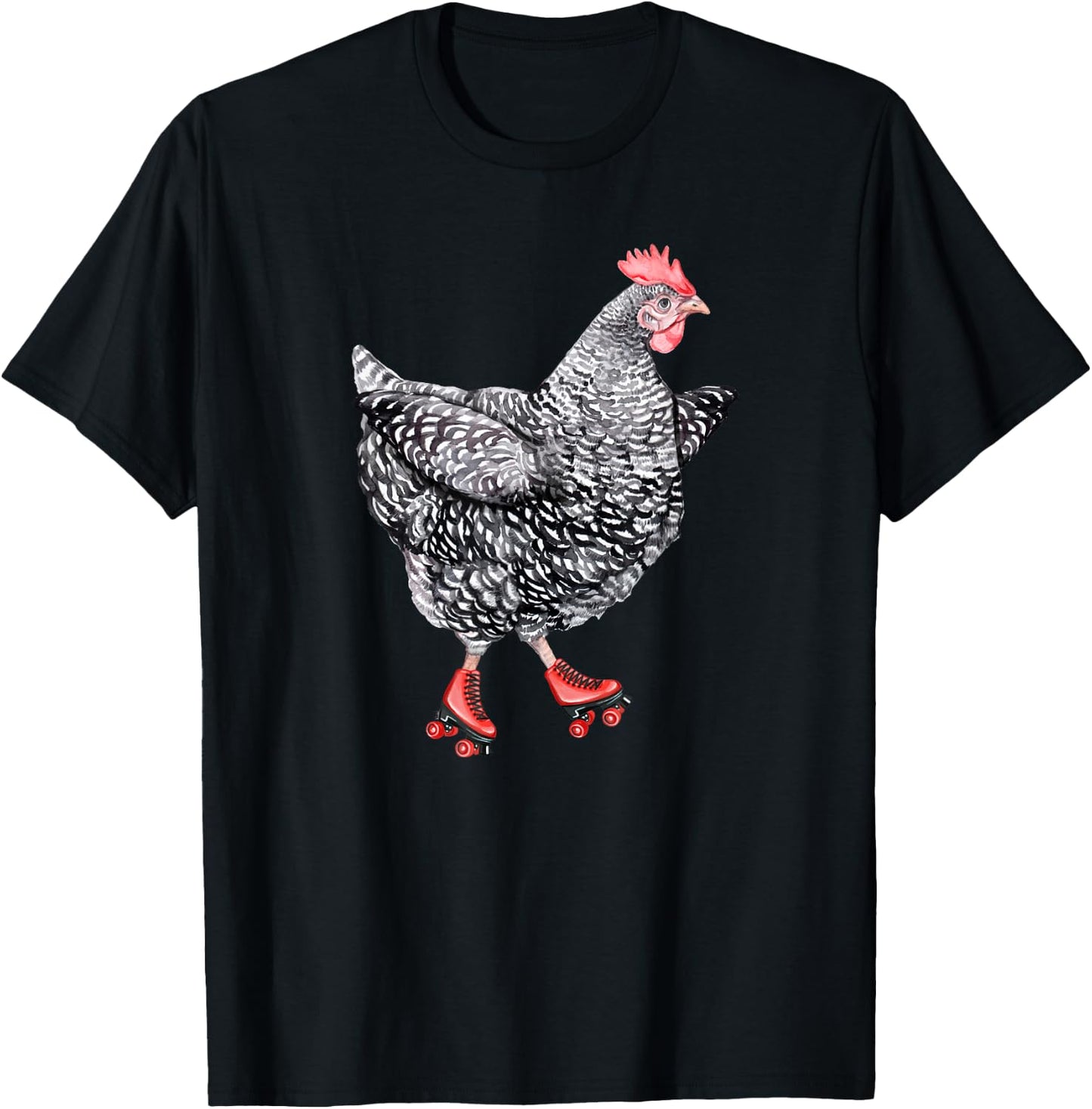 Cute Roller Skating Chicken - Barred Rock Hen Roller Derby T-Shirt - T-Shirt | Black