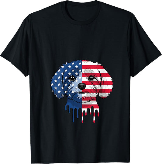 Women's 4th of July Maltese Dog American Flag Patriotic V-Neck T-Shirt - T-Shirt | Black