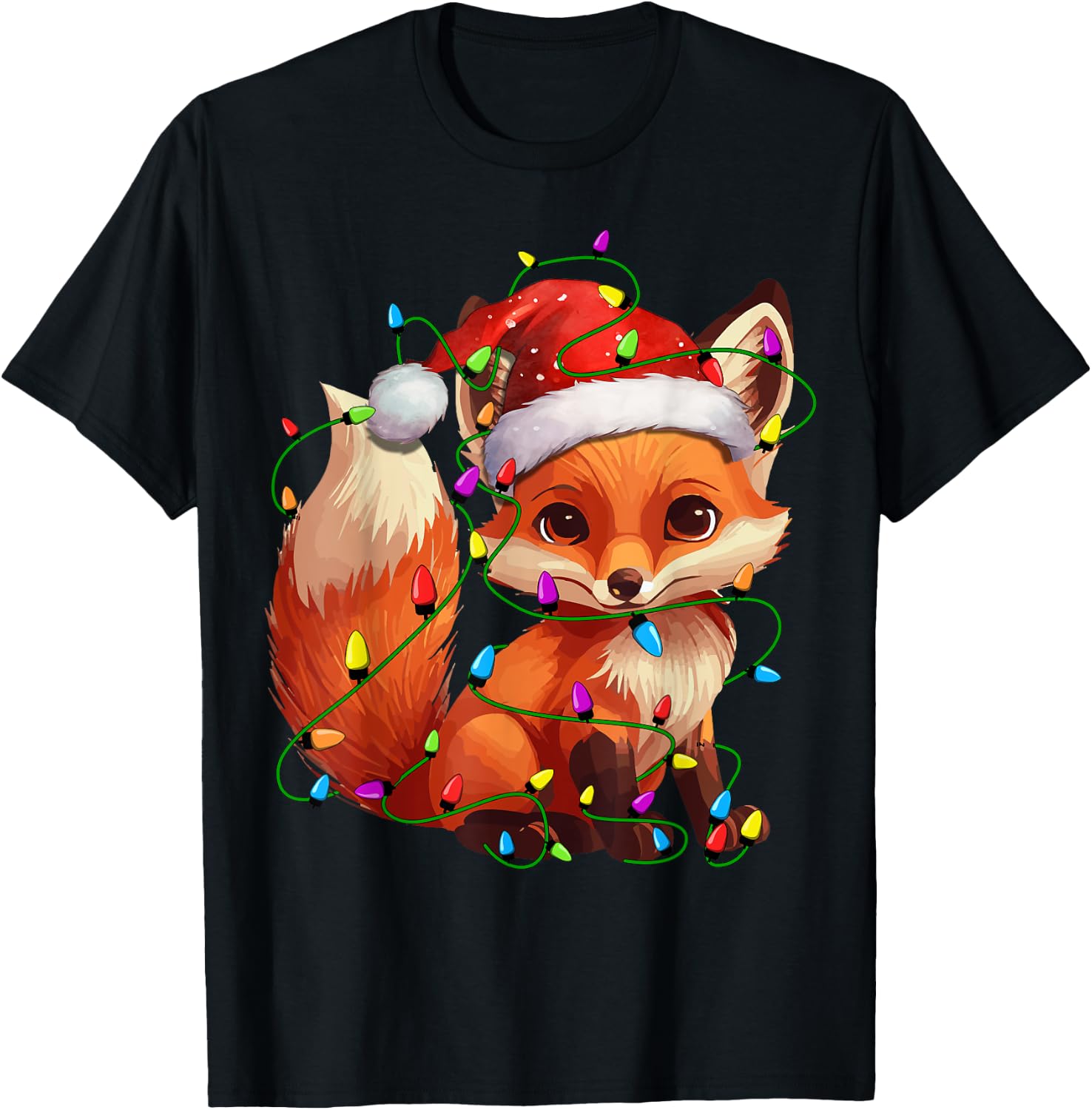 Fox Santa Christmas Tree Lighting Xmas Funny T-Shirt - T-Shirt | Black