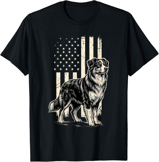Australian Shepherd Dog Patriotic American Flag 4th of July T-Shirt - T-Shirt | Black