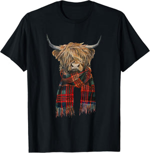 Cute Highland Cow Wearing Buffalo Plaid Scarf Farming Farmer T-Shirt - T-Shirt | Black