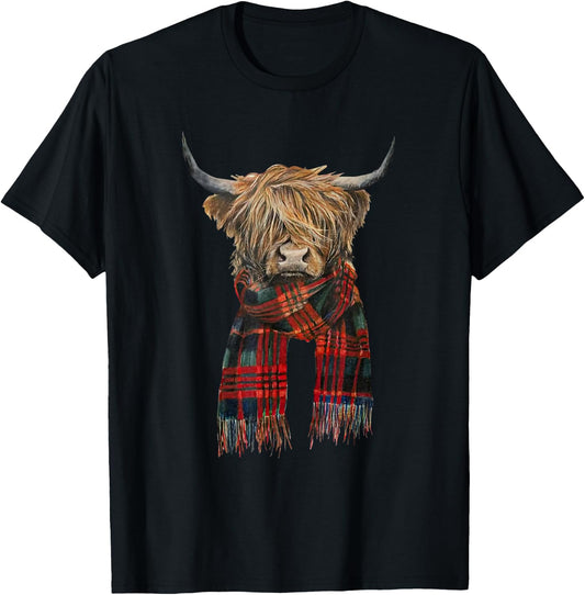 Cute Highland Cow Wearing Buffalo Plaid Scarf Farming Farmer T-Shirt - T-Shirt | Black