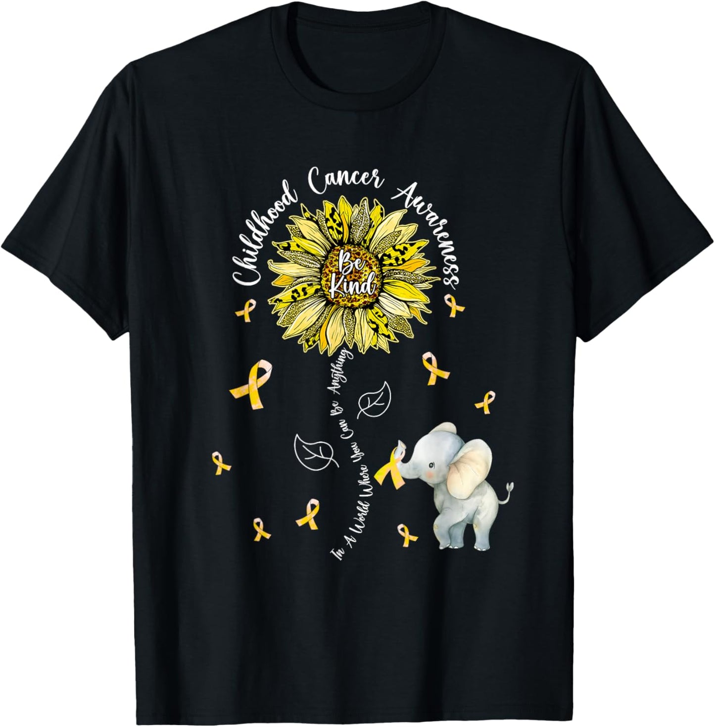 Be Kind Elephant Sunflower Childhood Cancer Awareness T-Shirt - T-Shirt | Black