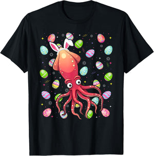 Squid Happy Easter Egg Hunt Bunny Ear Squid Easter T-Shirt - T-Shirt | Black