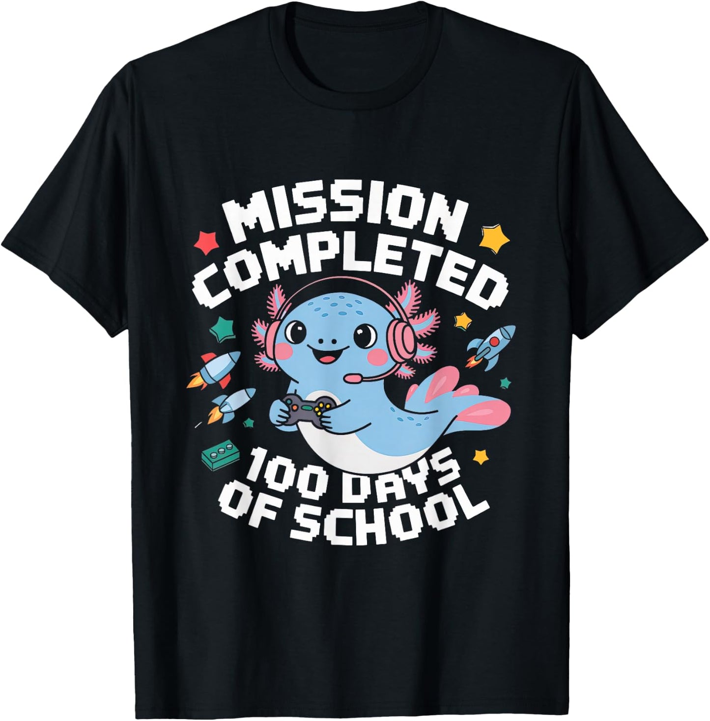 100 Days Of School Boys 100th Day Of School Gamer Axolotl T-Shirt - T-Shirt | Black