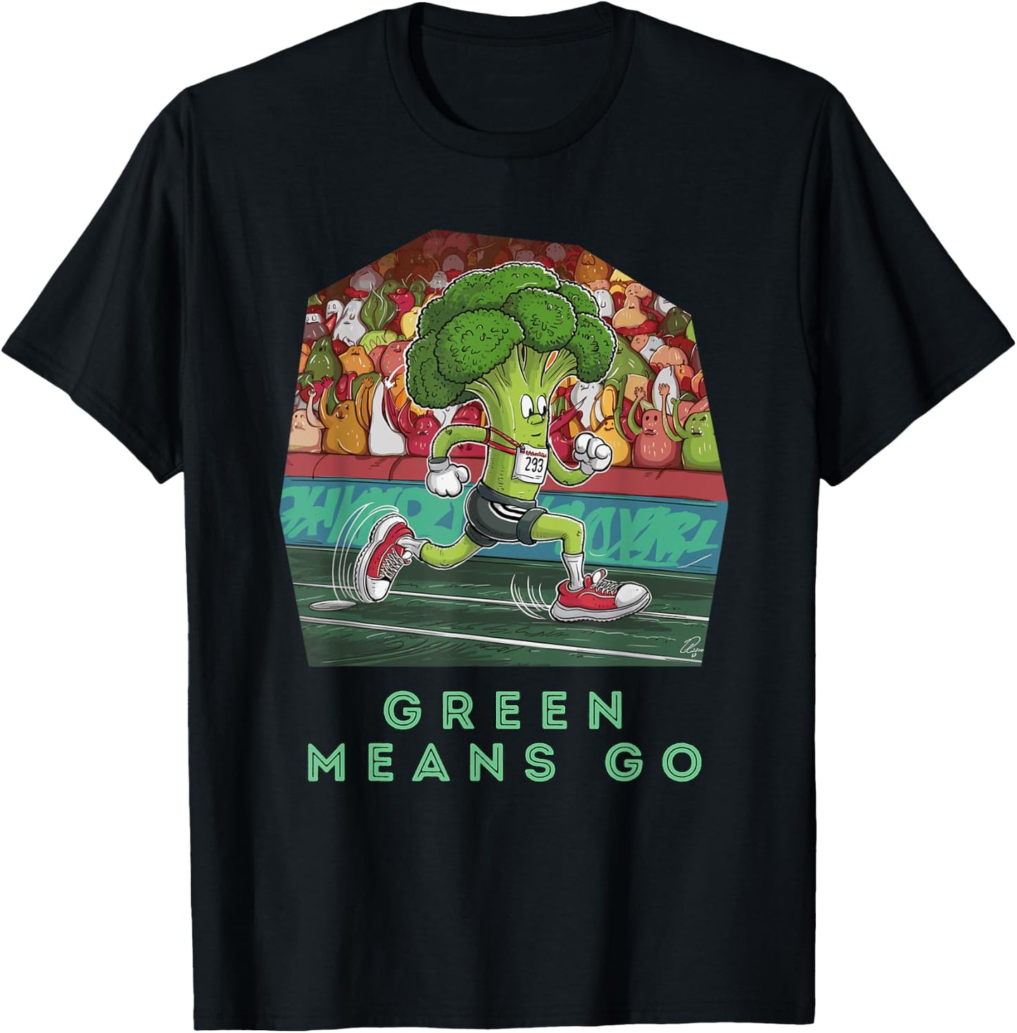 Funny Broccoli Running Cartoon Athletic T-Shirt - T-Shirt | Black