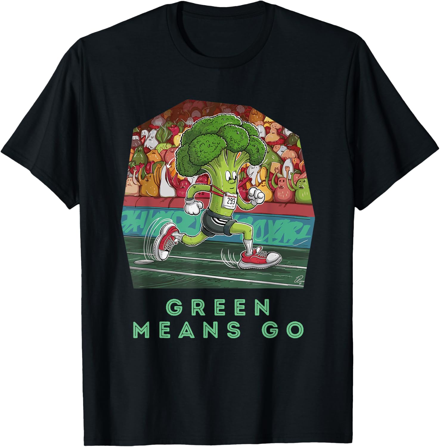 Funny Broccoli Running Cartoon Athletic T-Shirt - T-Shirt | Black