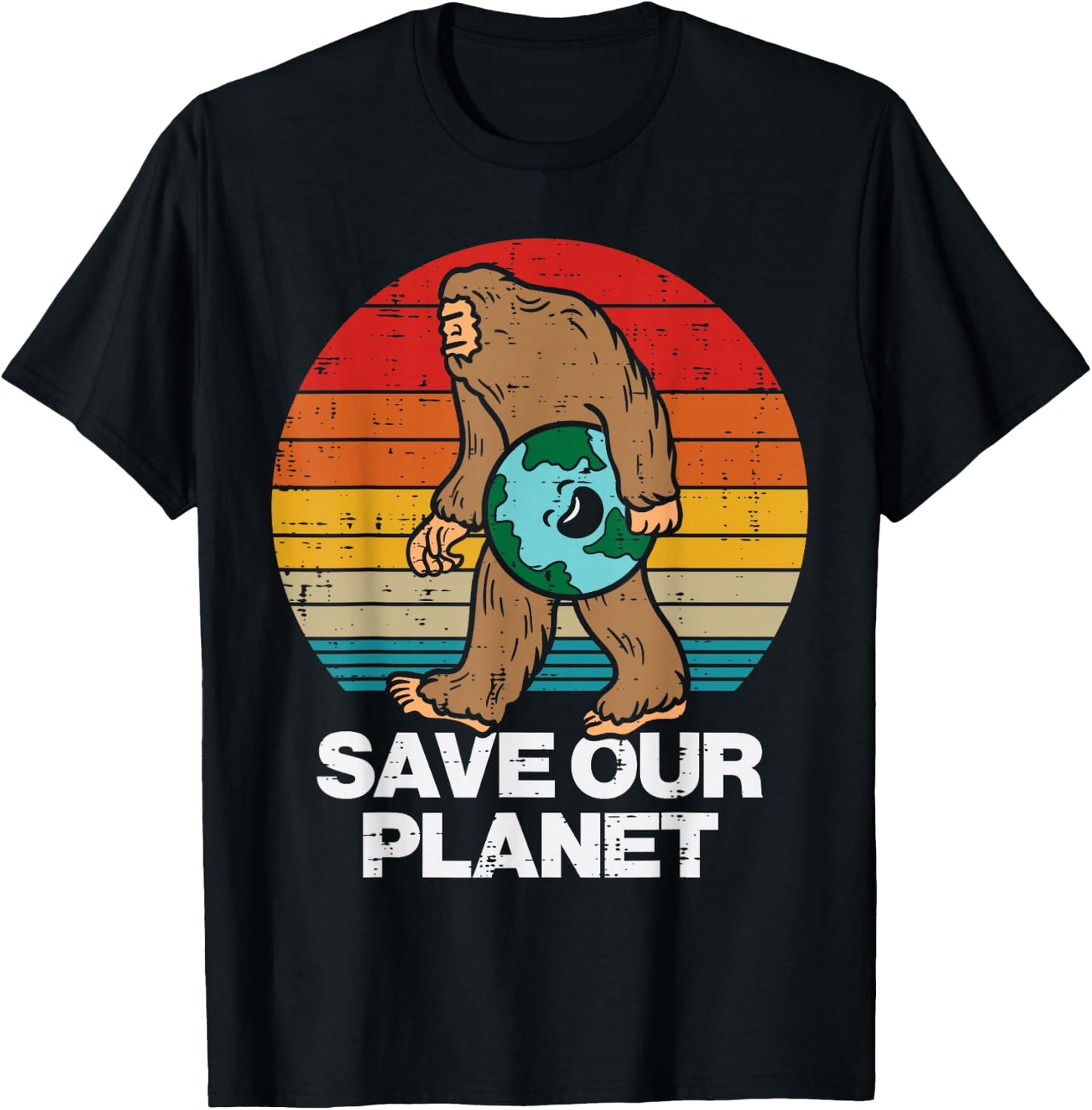 Save Our Planet Bigfoot Sunset Retro Earth Day Sasquatch T-Shirt - T-Shirt | Black