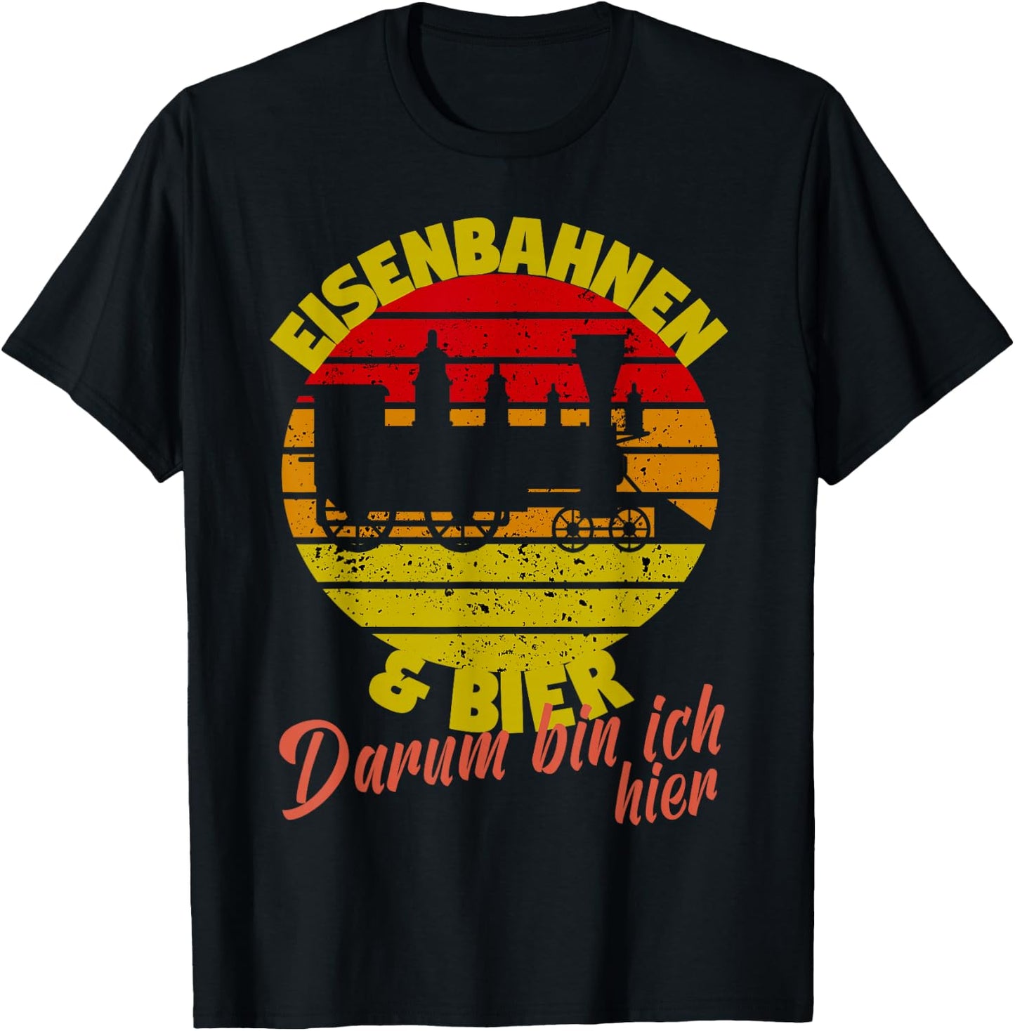 Model Railway with German Text "Eisenbahnen und Bier darum bin ich hier, black T-Shirt - T-Shirt | Black