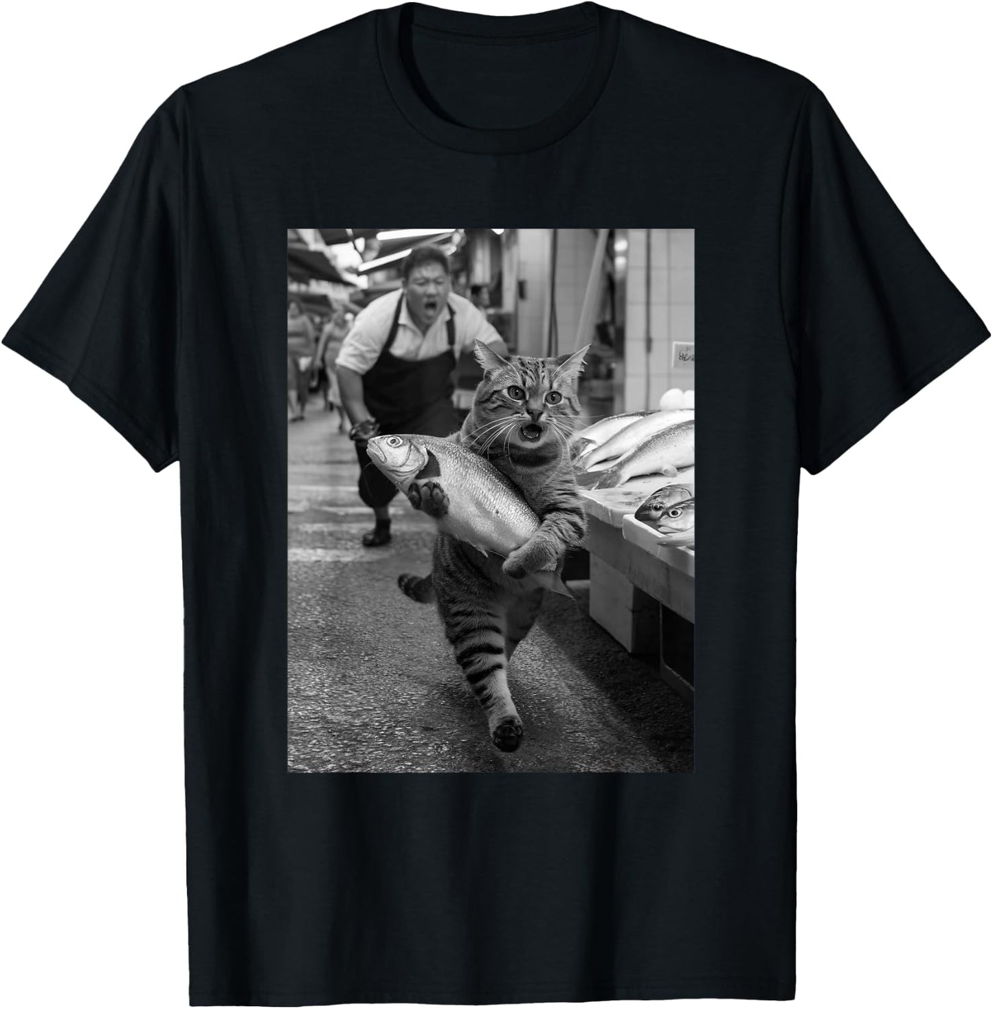 Lustiges schwarz-weißes Meme im Vintage-Stil, Motiv „Katze stiehlt Fischmarkt“ T-Shirt - T-Shirt | Black