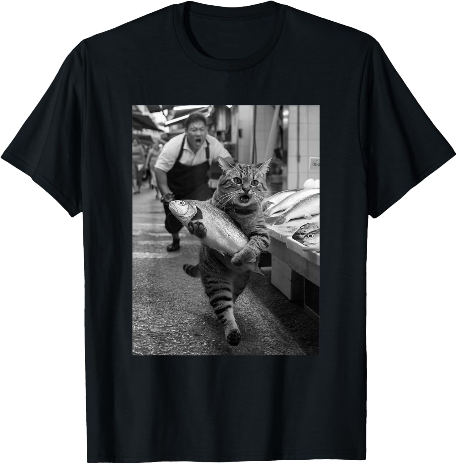 Lustiges schwarz-weißes Meme im Vintage-Stil, Motiv „Katze stiehlt Fischmarkt“ T-Shirt - T-Shirt | Black