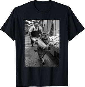 Lustiges schwarz-weißes Meme im Vintage-Stil, Motiv „Katze stiehlt Fischmarkt“ T-Shirt - T-Shirt | Black