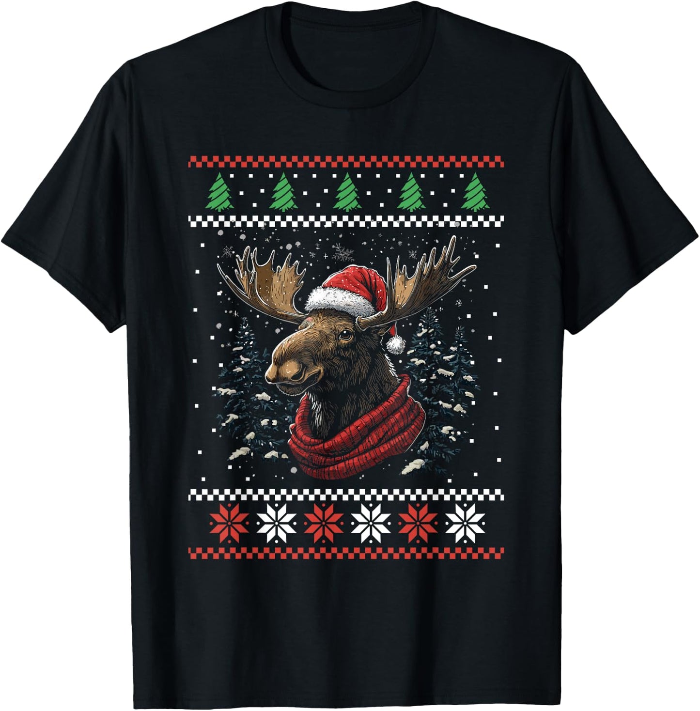 Moose Santa Hat Ugly Christmas Sweater Xmas T-Shirt - T-Shirt | Black