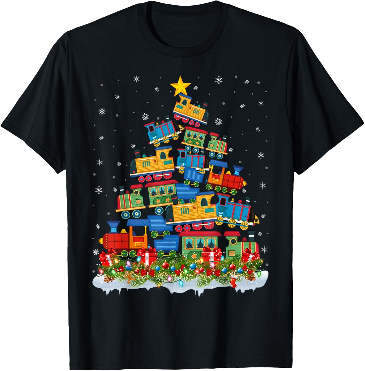 Train Lover Xmas Tree Santa Christmas Train T-Shirt - T-Shirt | Black