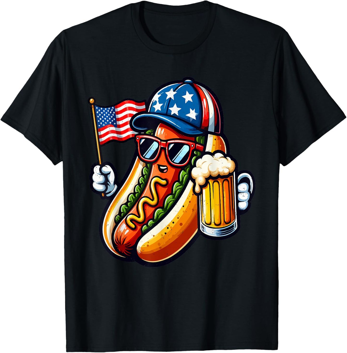 Hotdog American Flag 4th of July Funny Patriotic Sausage T-Shirt - T-Shirt | Black