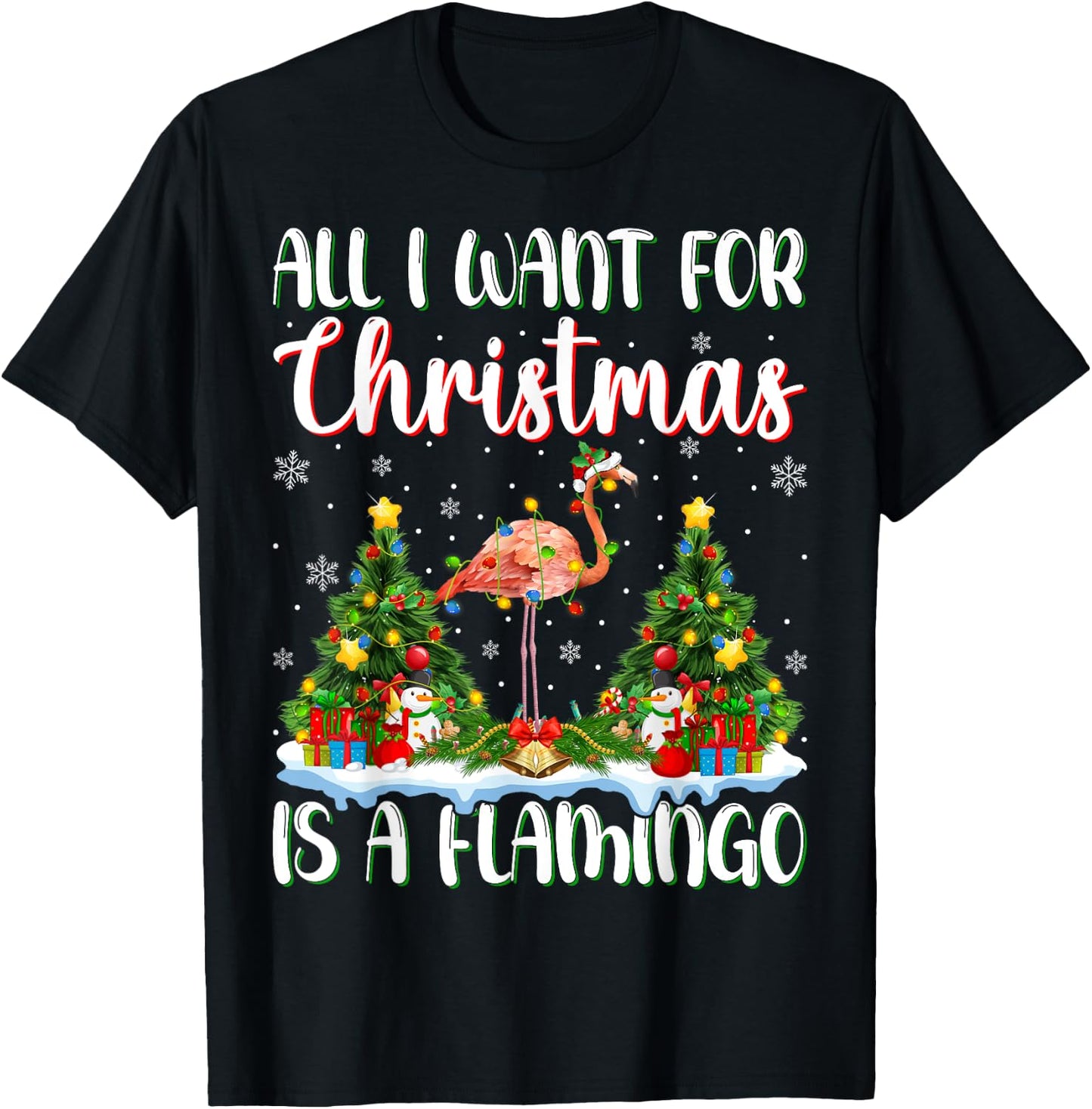 I Want For Christmas Is A Flamingo Bird Xmas Tree Lights T-Shirt - T-Shirt | Black