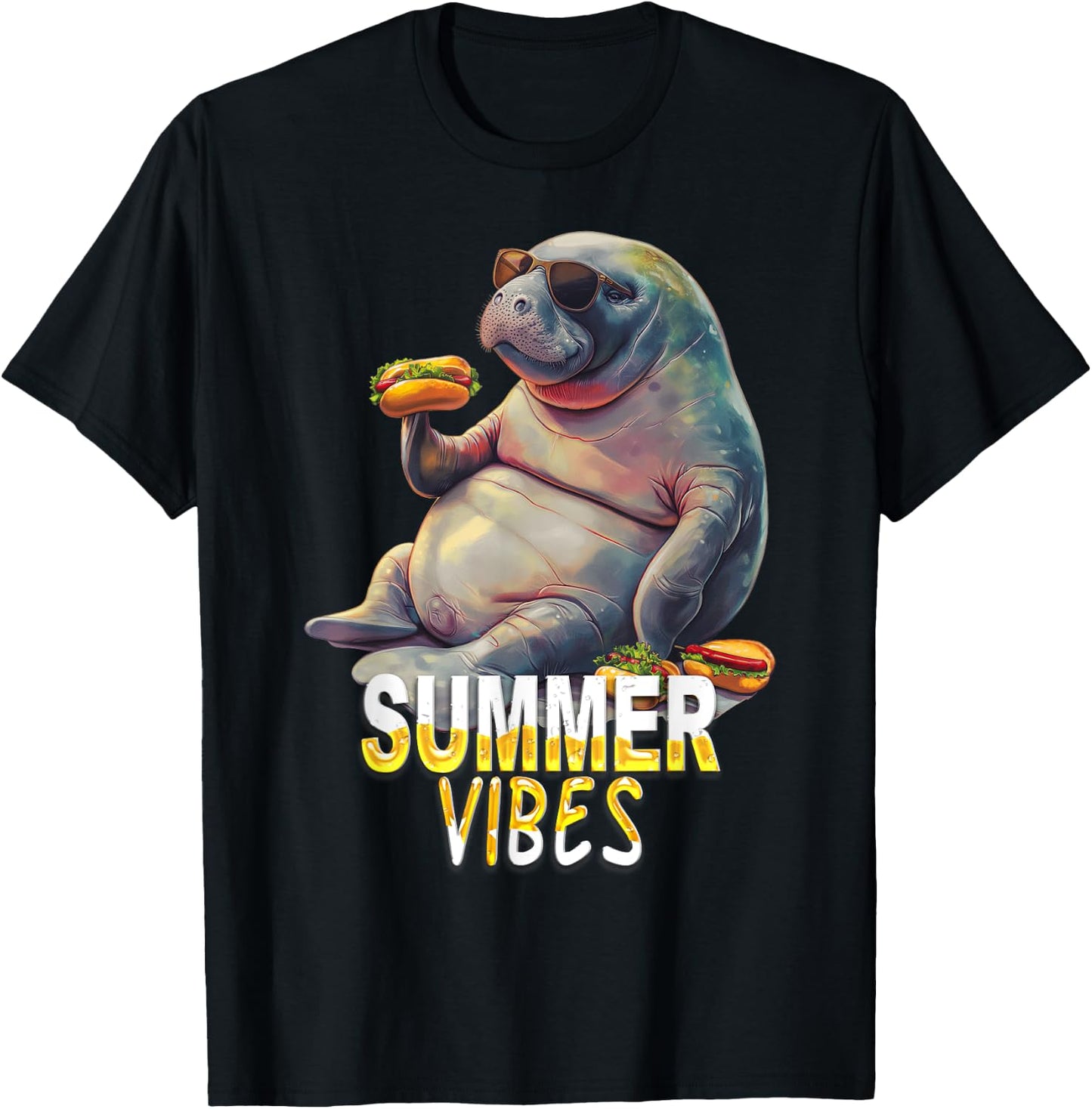 Manatee Eating Hot Dogs - Summer Funny Design T-Shirt - T-Shirt | Black