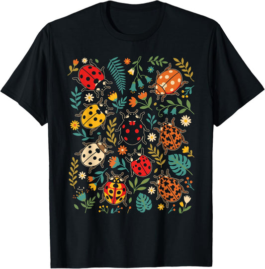 Ladybug Flower Cottagecore Cute Women Ladybug T-Shirt - T-Shirt | Black