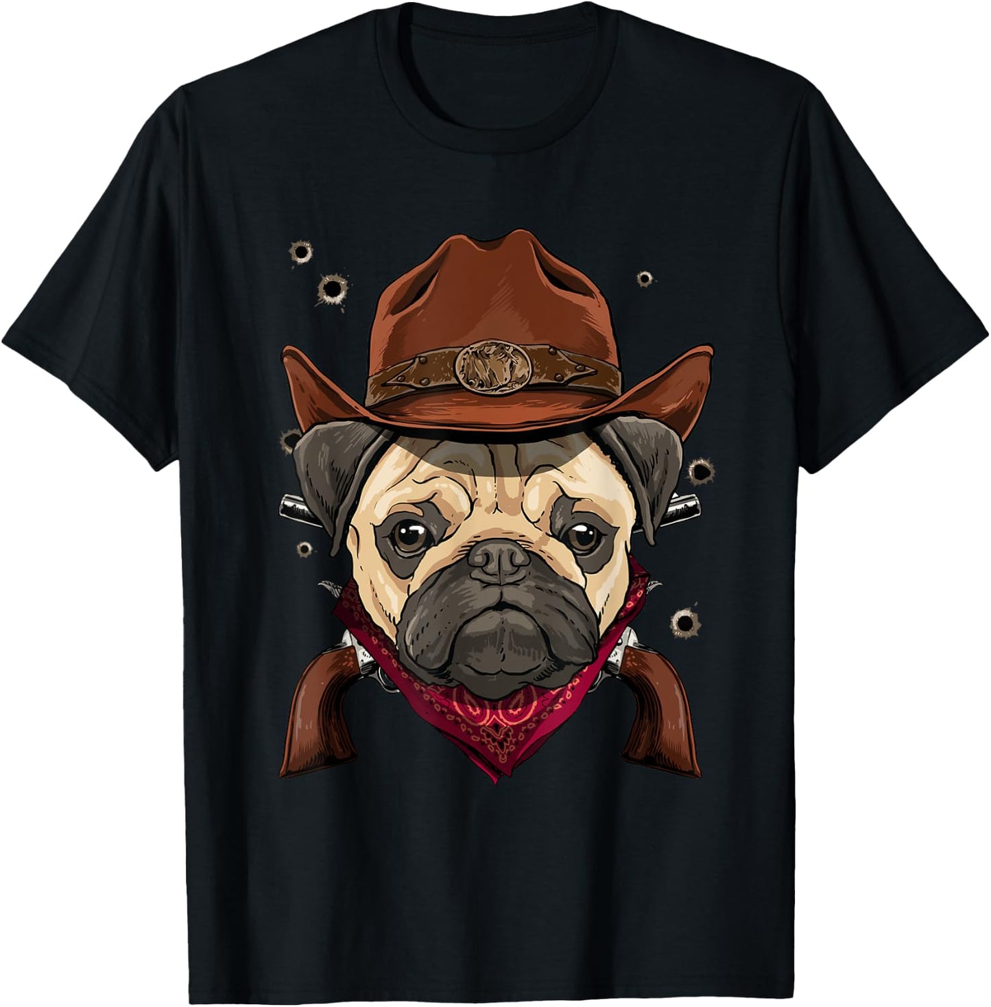 Cowboy Pug Western Rodeo Cowboy Hat and Bandana Dog T-Shirt - T-Shirt | Black