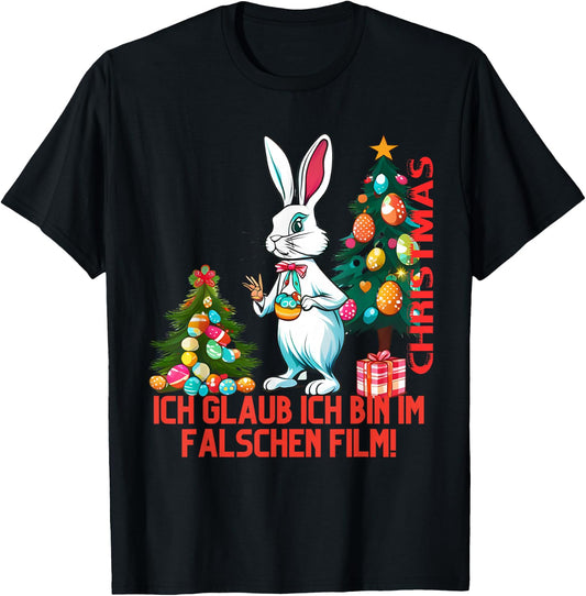 Easter Bunny on Christmas Tree Merry Christmas , black T-Shirt - T-Shirt | Black