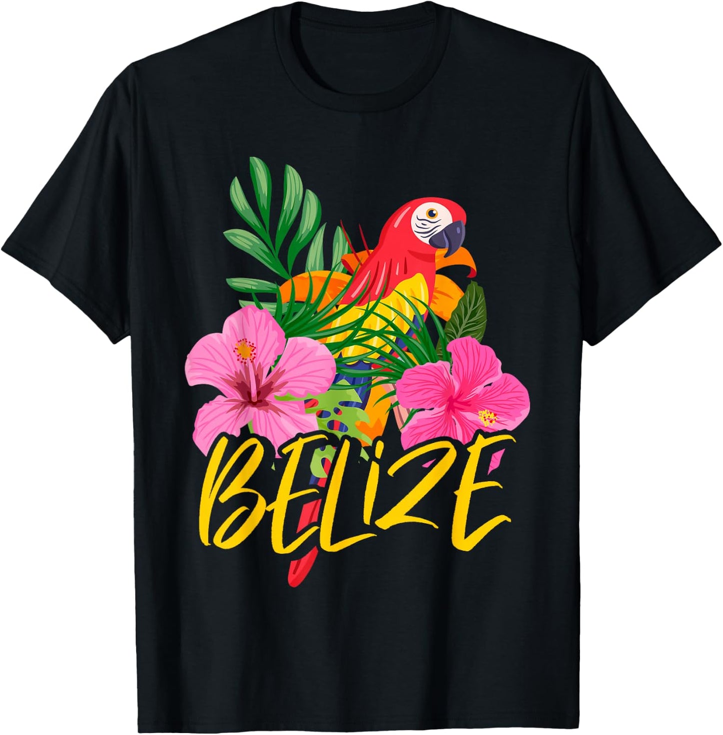 Belize Souvenir Macaw Parrot Hibiscus Flowers T-Shirt - T-Shirt | Black