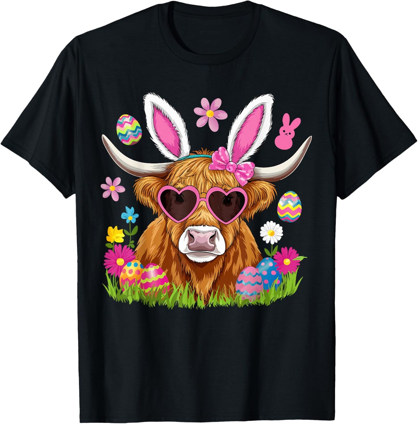 Easter Day Highland Cow Cute Easter Bunny Farmer Women Kids T-Shirt - T-Shirt | Black